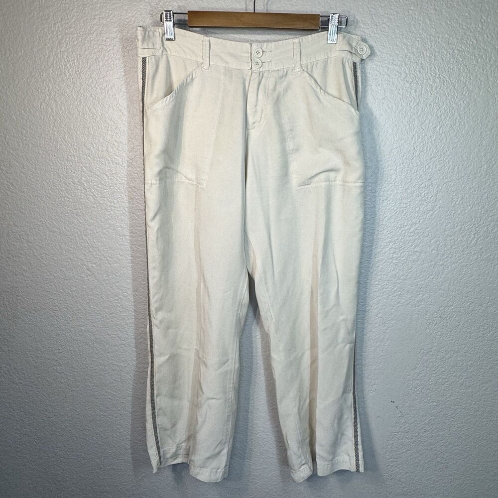 Dylan Pants Women 6 Ivory Tencel Tuxedo Stripe Straight Leg Designer Coastal